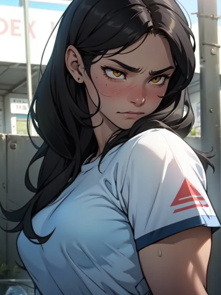 empty eyes embarrassed girl black hair yellow eyes pale skin muscular girl female woman lady feminine