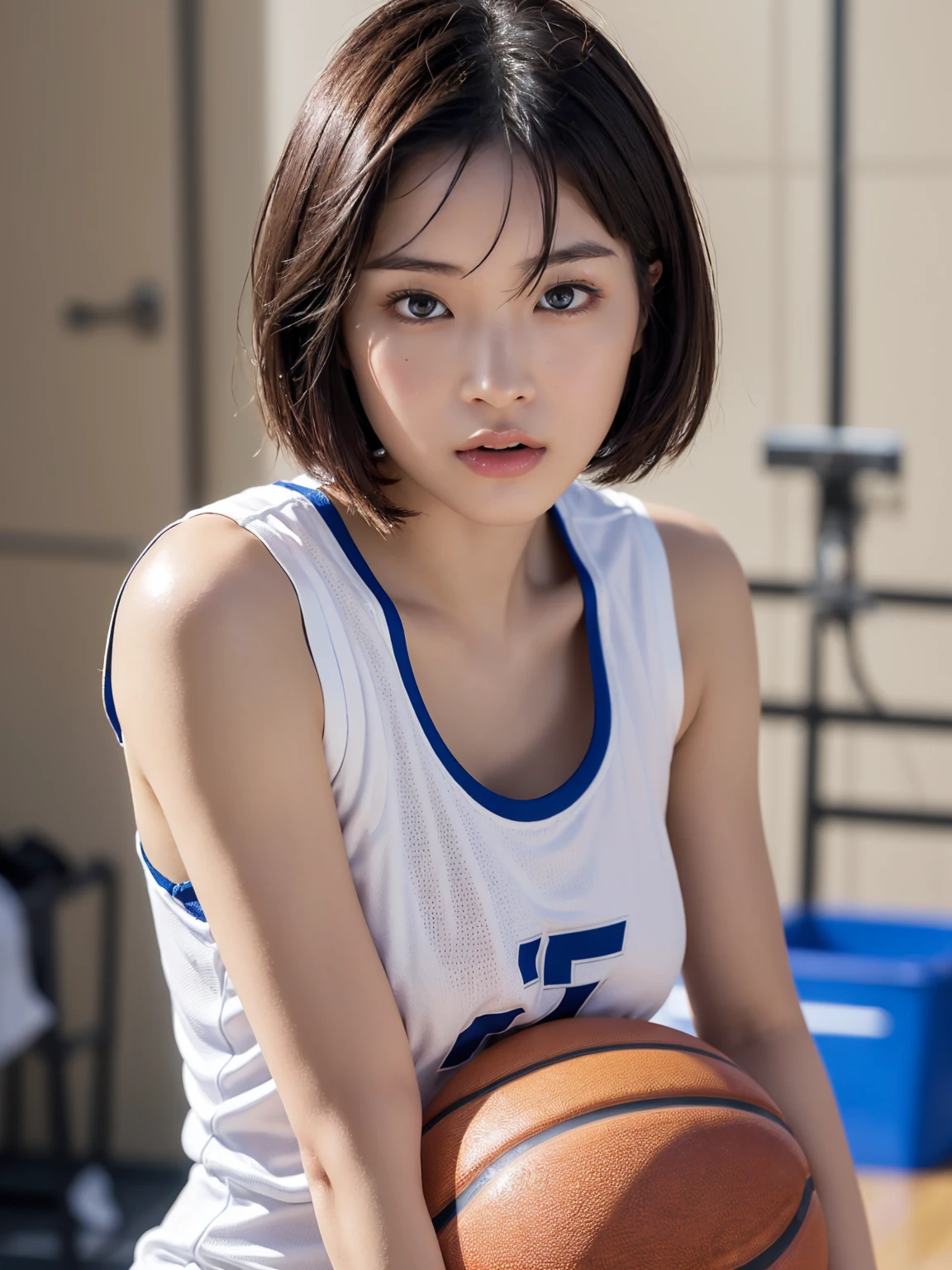 (masterpiece), Very detailed, Ultra-high resolution, Realistic, photo Realistic, High-resolution RAW color photos, Professional photos, Sharp focus, (Very detailed顔と肌の質感, Very beautiful eyes, Glossのある肌, Glowing Skin, Glowing Skin, Shining Face, Gloss, Oily skin, greasy face, Oily skin, greasy face,), (real Glossのある肌 texture), Perfect Anatomy, Very detailed背景,((locker room)),(1 female,25-year-old woman, Japanese women),(lean slender body、Slender legs),short hair, Straight hair, bangs, Brown Hair,(Flat Chest:1.6,Erect nipples:1.3), (((White sleeveless basketball uniform、T sports pantieasturbate violently))),((Sweaty body))