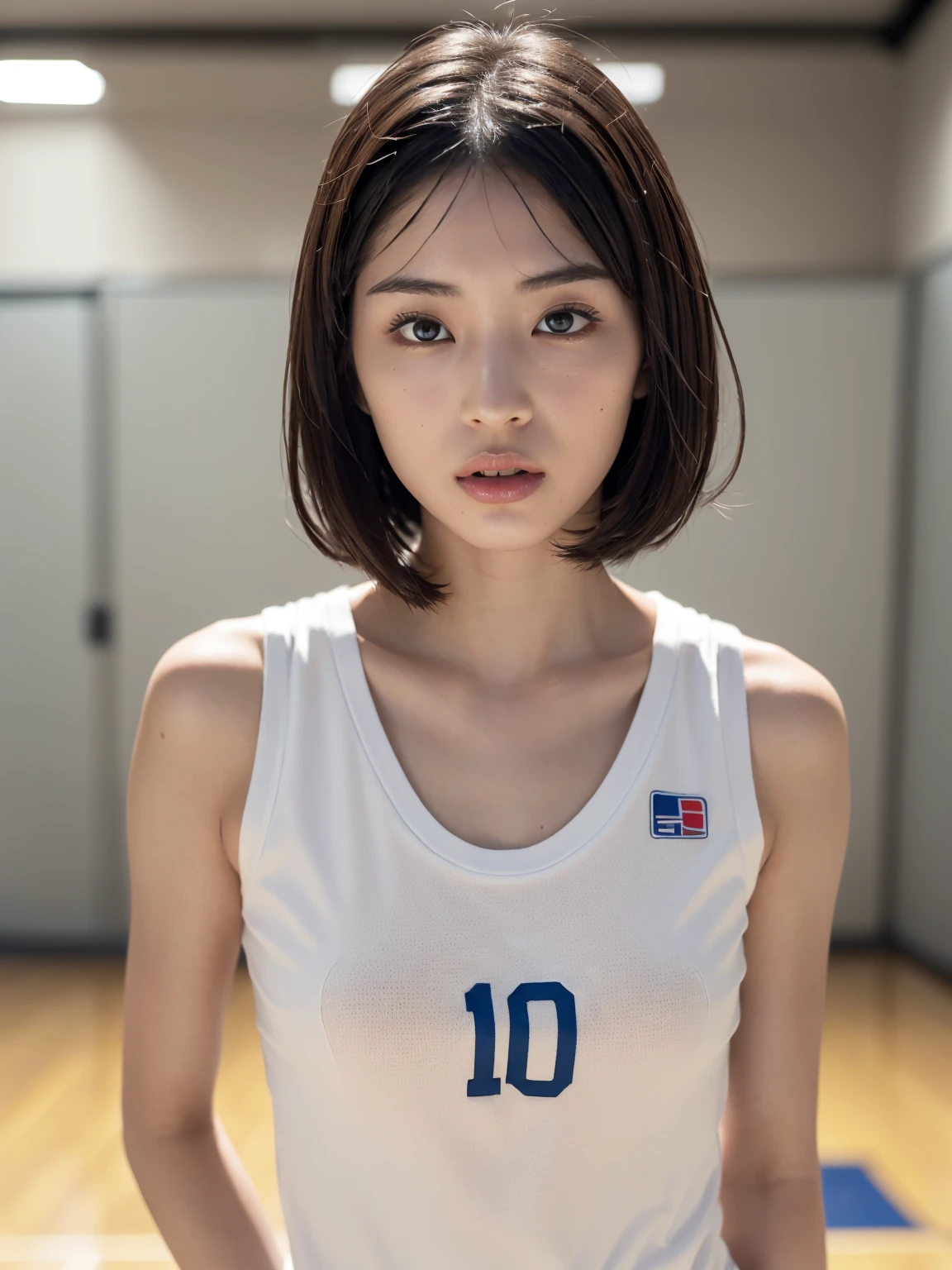 (masterpiece), Very detailed, Ultra-high resolution, Realistic, photo Realistic, High-resolution RAW color photos, Professional photos, Sharp focus, (Very detailed顔と肌の質感, Very beautiful eyes, Glossのある肌, Glowing Skin, Glowing Skin, Shining Face, Gloss, Oily skin, greasy face, Oily skin, greasy face,), (real Glossのある肌 texture), Perfect Anatomy, Very detailed背景,((locker room)),(1 female,25-year-old woman, Japanese women),(lean slender body、Slender legs),short hair, Straight hair, bangs, Brown Hair,(Flat Chest:1.6,Erect nipples:1.3), (((White sleeveless basketball uniform、T sports pantieasturbate violently))),((Sweaty body))