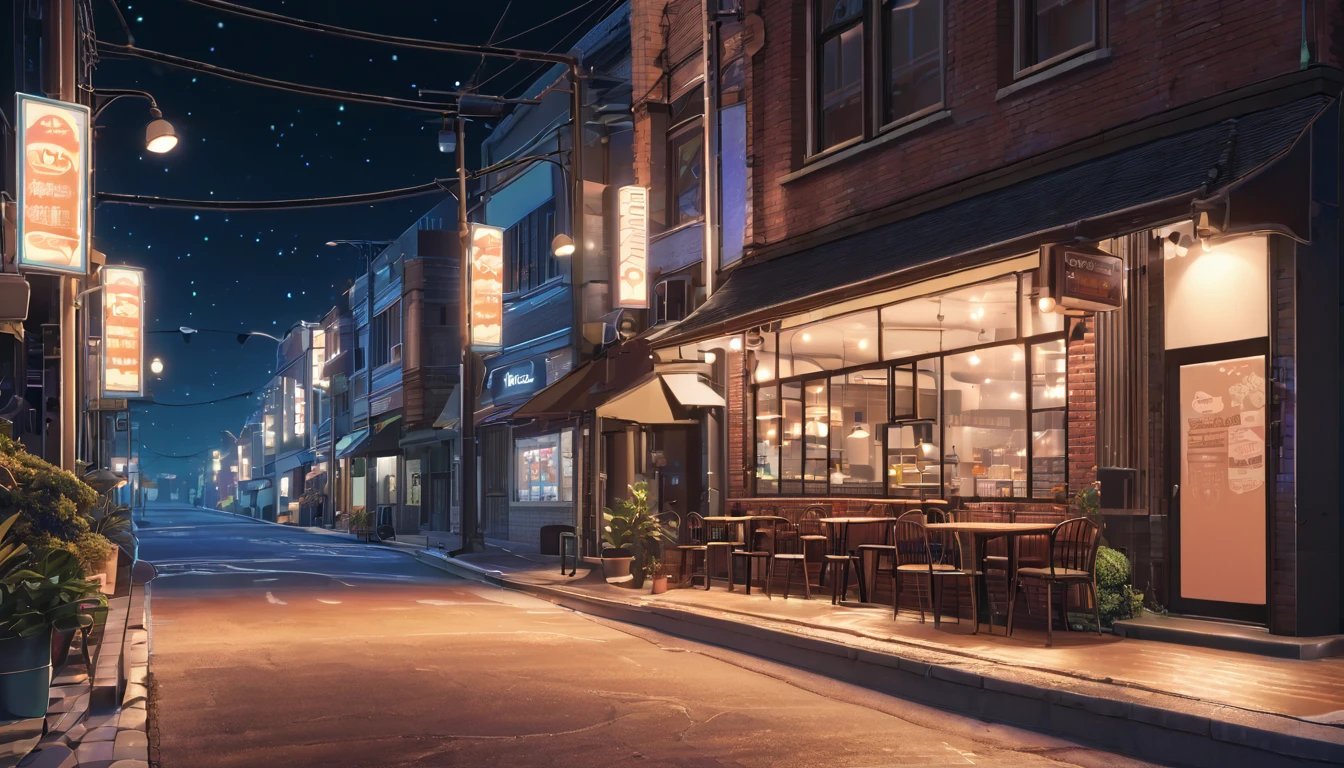 Generate an image of a deserted street at night with a lofi aesthetic coffee shop, highlighting the illuminated sign and the lamp posts in the background.