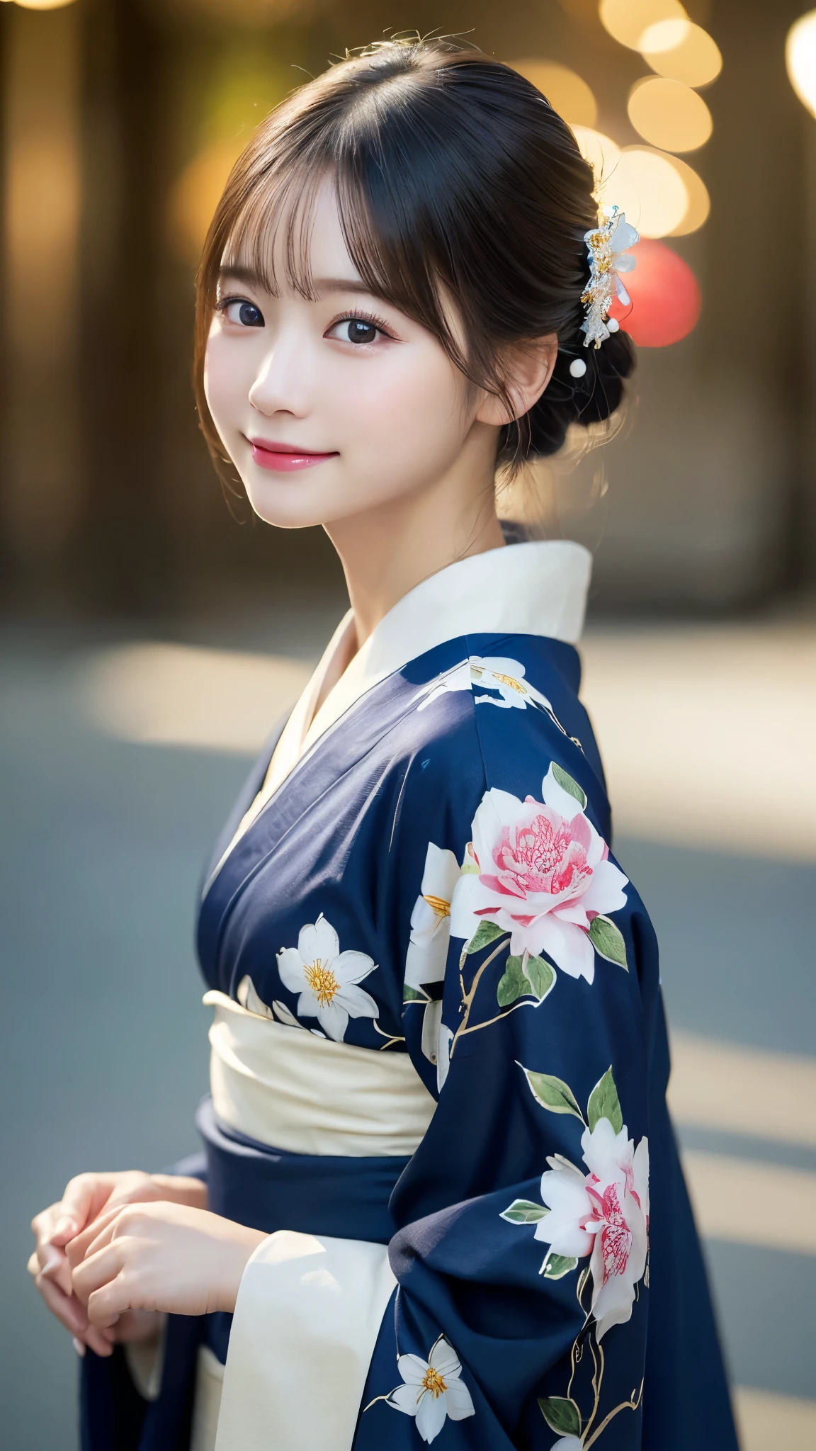 （kimono）、(highest quality、8k、High resolution、masterpiece:1.2)、Very detailed、(Realistic、photoRealistic、photo-Realistic:1.3)、Bokeh、Portraiture、Smile、(Detailed eyes、beautiful girl、Young face、Detailed face、No makeup)、Slightly backlit、Professional Lighting、Caustics