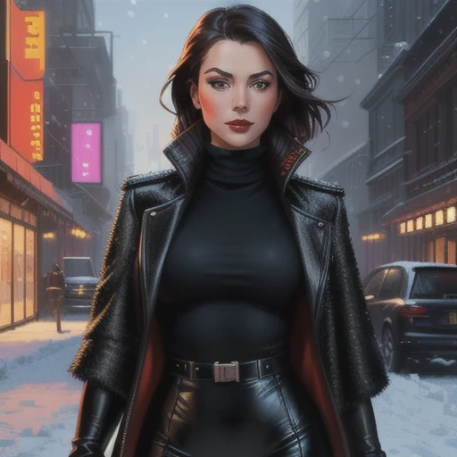 photo of (NikB3101:0.99), a woman as a movie star, modelshoot style, (extremely detailed CG unity 8k wallpaper), photo of the most beautiful artwork in the world, professional majestic oil painting by Ed Blinkey, Atey Ghailan, Studio Ghibli, by Jeremy Mann, Greg Manchess, Antonio Moro, trending on ArtStation, trending on CGSociety, Intricate, High Detail, Sharp focus, dramatic, photorealistic painting art by midjourney and greg rutkowski, (long wool coat), (turtleneck), ((comicon event)), (leather trousers), ((standing on the red carpet)), ((paparazzi in the background)), (looking at viewer), (detailed pupils:1.3),  (snowing), (modern outfit:1.2), (closeup), red lips, (eye shadow)