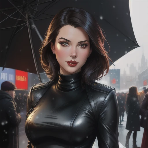 photo of (NikB3101:0.99), a woman as a movie star, modelshoot style, (extremely detailed CG unity 8k wallpaper), photo of the most beautiful artwork in the world, professional majestic oil painting by Ed Blinkey, Atey Ghailan, Studio Ghibli, by Jeremy Mann, Greg Manchess, Antonio Moro, trending on ArtStation, trending on CGSociety, Intricate, High Detail, Sharp focus, dramatic, photorealistic painting art by midjourney and greg rutkowski, (long wool coat), (turtleneck), ((comicon event)), (leather trousers), ((standing on the red carpet)), ((paparazzi in the background)), (looking at viewer), (detailed pupils:1.3), (snowing), (modern outfit:1.2), (closeup), red lips, (eye shadow)