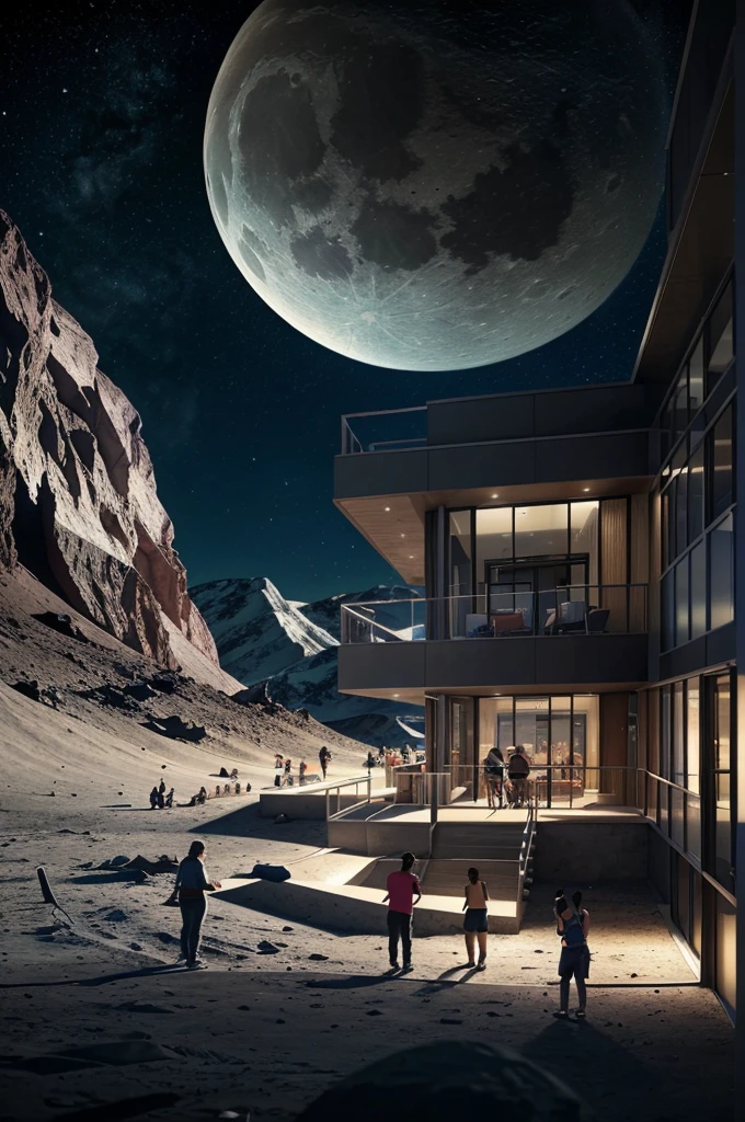 Envision a community center on the Moon where people from diverse cultures gather for social events and activities.
Picture spaces for education, entertainment, and recreation, promoting a vibrant community life.
