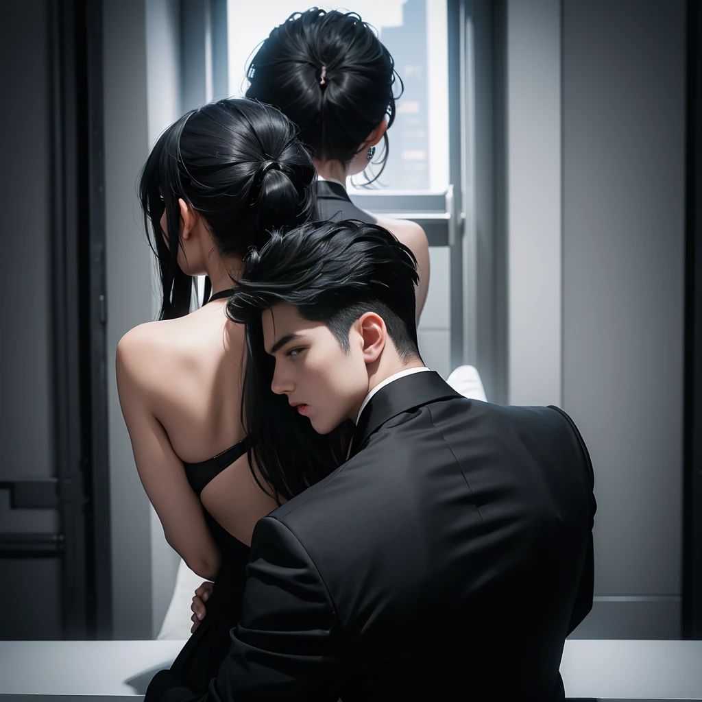 1boy 1girl, black hair, grey eyes, wearing all black suit, cuddle eacht other, absurdres, high res, ultrasharp, 8K, masterpiece, looking from behind