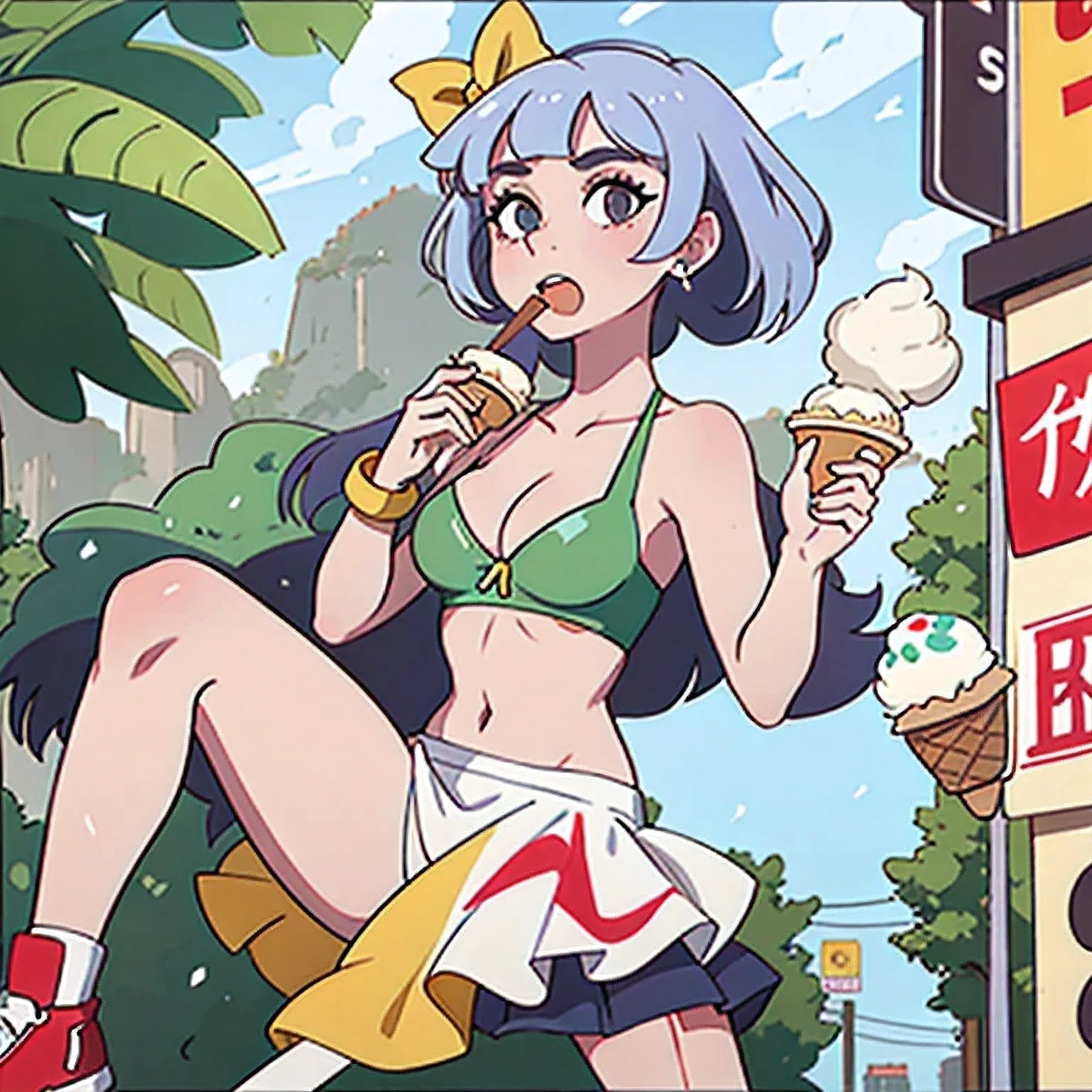 girl in a bikini eating an ice cream cone, eating ice cream, in a bikini, angela white, giorgia meloni, katy perry, in bikini, eating ice - cream, wearing spandex bikini, ice cream on the side, bikini, ice cream, wearing a bikini, candid photo of dirty, shiny plastic bikini, candid shot, cone, 1 girl, solo,in a green dress standing by a wall,portrait of female idol