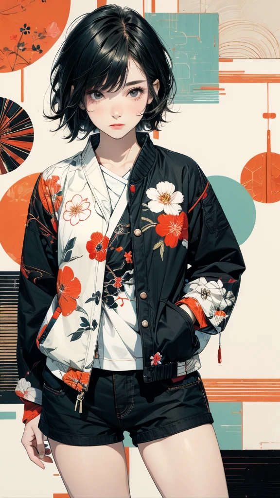 From above, 20-year-old woman, Asymmetrical short hair, Hands in pockets, Coordination of Japanese pattern jacket and micro mini shorts:1.2, Petal Collage, abstract design, artistic juxtapositions, And handle background, warm color, mixed-media approach, Anime Style, Simple lines, Digital Painting, (masterpiece, High resolution, Highest quality)