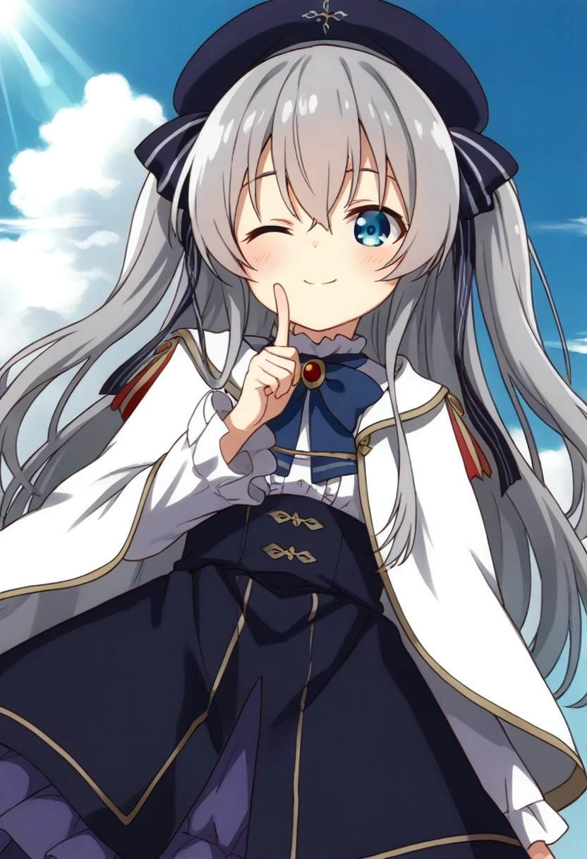 score_9, 1girl, solo, celia claire, seirei gensouki, blue eyes, grey hair, long hair, two side up, hair between eyes, sidelocks, hair ribbon, black ribbon, small breasts, celia-default, hat, blue hat, capelet, white capelet, bowtie, blue bowtie, shirt, white shirt, frilled shirt, long sleeves, blue dress, high-waist skirt, upper body, shushing, index finger raised, hand up, looking at viewer, from below, looking down, blush, light smile, one eye closed, ;\), closed mouth, outdoors, day, blue sky, cloud, sunlight 