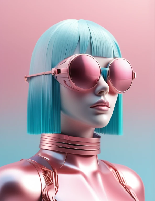 3D illustration of upper body and face of artificial intelligence model wearing futuristic glasses, Stylish glasses with tassels，Gradient background, Pastel color palette, pink blue, Simplicity, cold metallic textures, Surrealism,