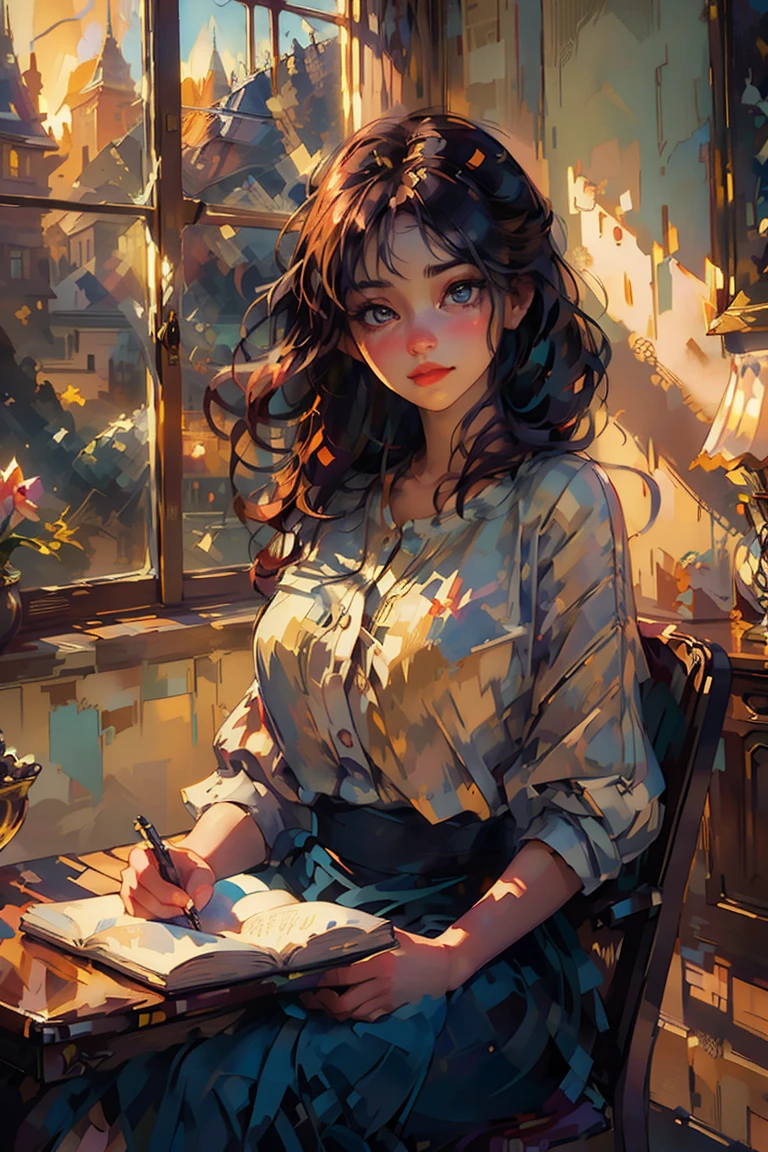 a beautiful girl reading a textbook, beautiful detailed eyes, beautiful detailed lips, extremely detailed eyes and face, long eyelashes, elegant expression, sitting in a cozy home library, sunlight filtering through windows, intricate book spines, wooden shelves, ornate chandelier, warm color palette, oil painting, cinematic lighting, photorealistic, (best quality,4k,8k,highres,masterpiece:1.2),ultra-detailed,(realistic,photorealistic,photo-realistic:1.37),professional, vivid colors