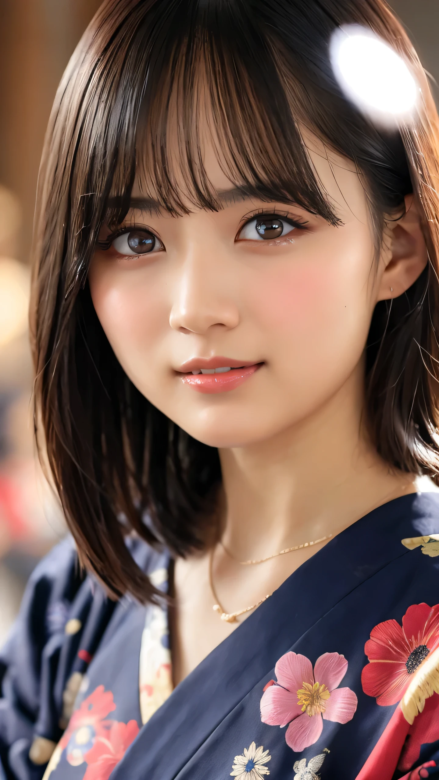 Highest quality, Finer details, (Beautiful single women))), Highly detailed eyes and face, firework, yukata, looking up at firework, short hair, Large tear bags, double eyelid