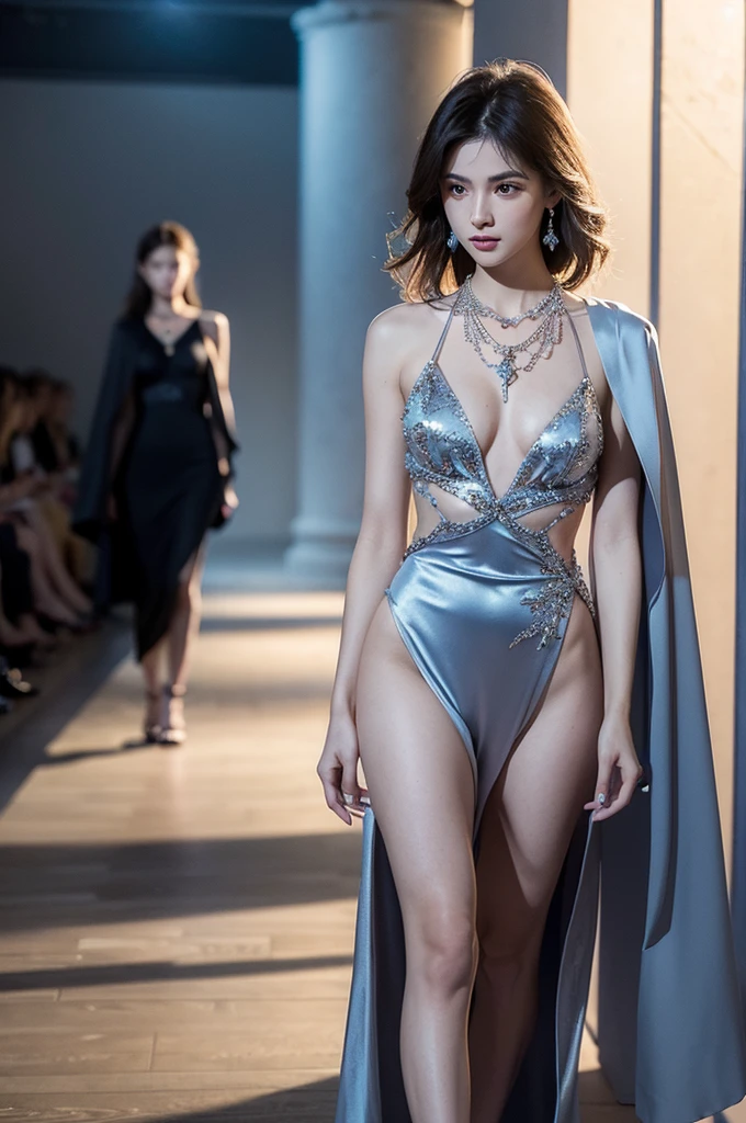 (masterpiece, best quality, 8K, RAW photos, beautiful and aesthetic:1.2), Intricate details, Indirect light, Reality,
((Miss:1.5)), whole body, Stunning digital photography series captures the runway scenes from the Summer 2024 fashion shows. The scene is set in a fashionable catwalk environment,Spotlight illuminates the model. (discoloration1.2),
Wearing an enchanted Eclipse Nightcrawler Outfit and Shadow Cloak, Long necklace,Draw the necklace below the chest,