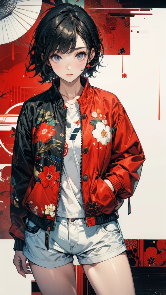 From above, 20-year-old woman, Asymmetrical short hair, Hands in pockets, Coordination of Japanese pattern jacket and micro mini shorts:1.2, Petal Collage, abstract design, artistic juxtapositions, And handle background, warm color, mixed-media approach, Anime Style, Simple lines, Digital Painting, (masterpiece, High resolution, Highest quality)