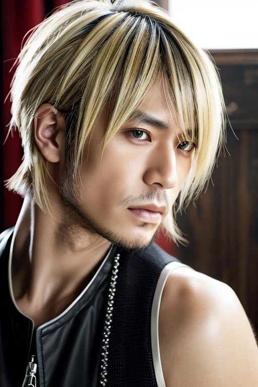 1 Japanese rocker, male, Asian eyes, Visual kei hairstyle, pretty face, 40 years old, hyperrealistic, realistic representation, ultra detailed face and eyes, muscular, broad shoulders, rocker clothing, 40 years, black and blonde hair, Visual  Kei style 