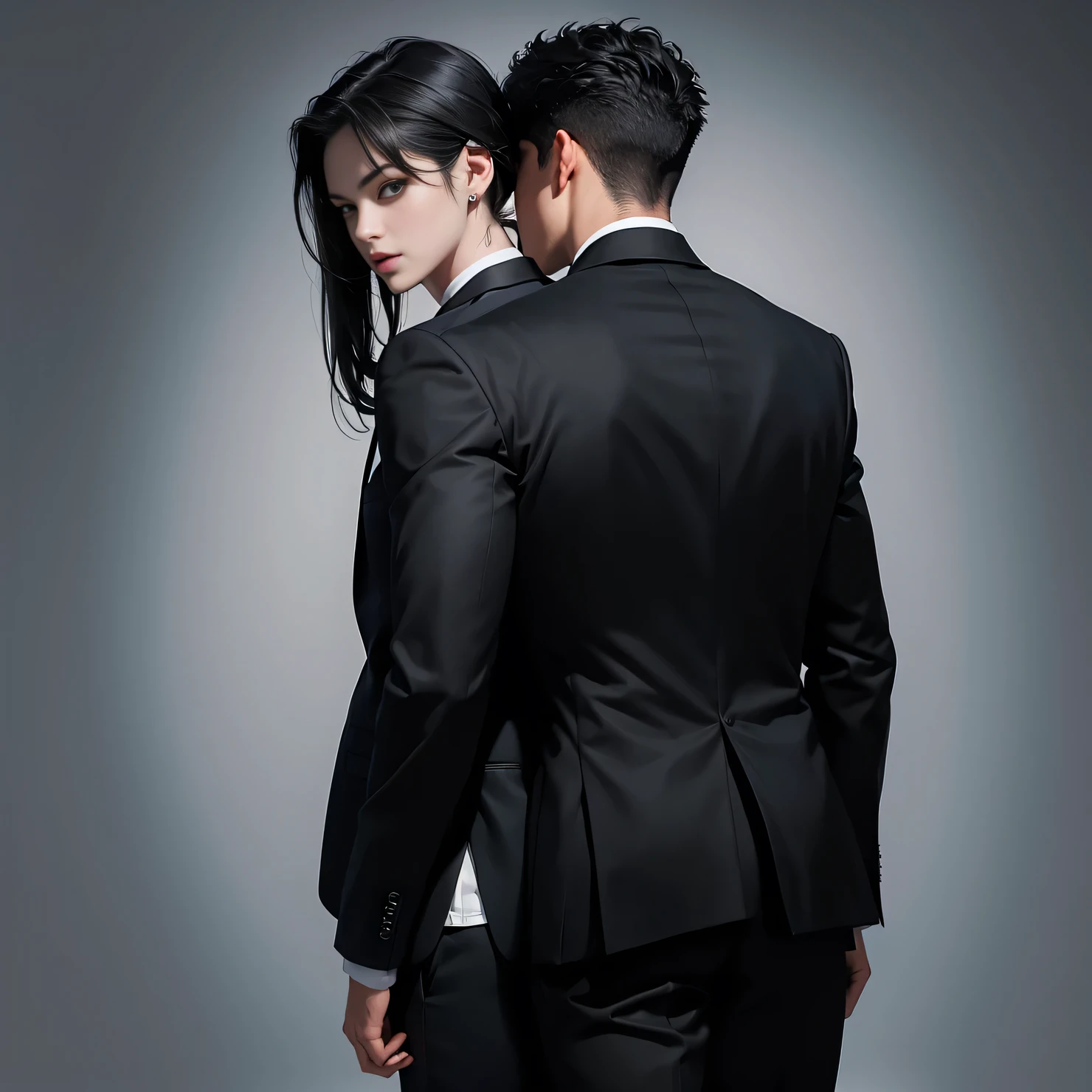 1boy 1girl, black hair, grey eyes, wearing all black suit, cuddle eacht other, absurdres, high res, ultrasharp, 8K, masterpiece, looking from behind