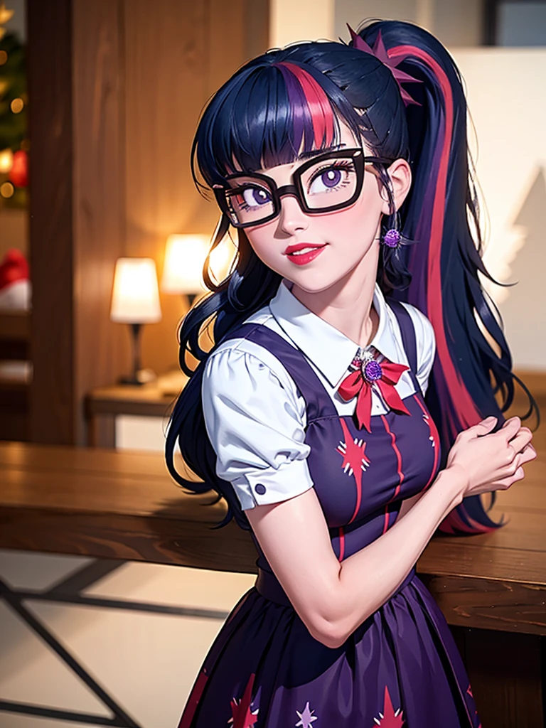 (The best quality, ​masterpiece), 1 girl, 21 years old , shine, gown, Particle, wind, flower, upper body , look at the viewer, Long hair , beautiful eyes , gown rojo de navidad , Christmas dress , the picture , Red lips , eyeshadows , beautiful smile , Background with Christmas , big  , long purple hair with pink highlights , pony tail , Reading glasses , Full body photo , sexy Pose  , Twilight Sparkle, purple eyes, nice smile , Weihnachtsmann rote gownung