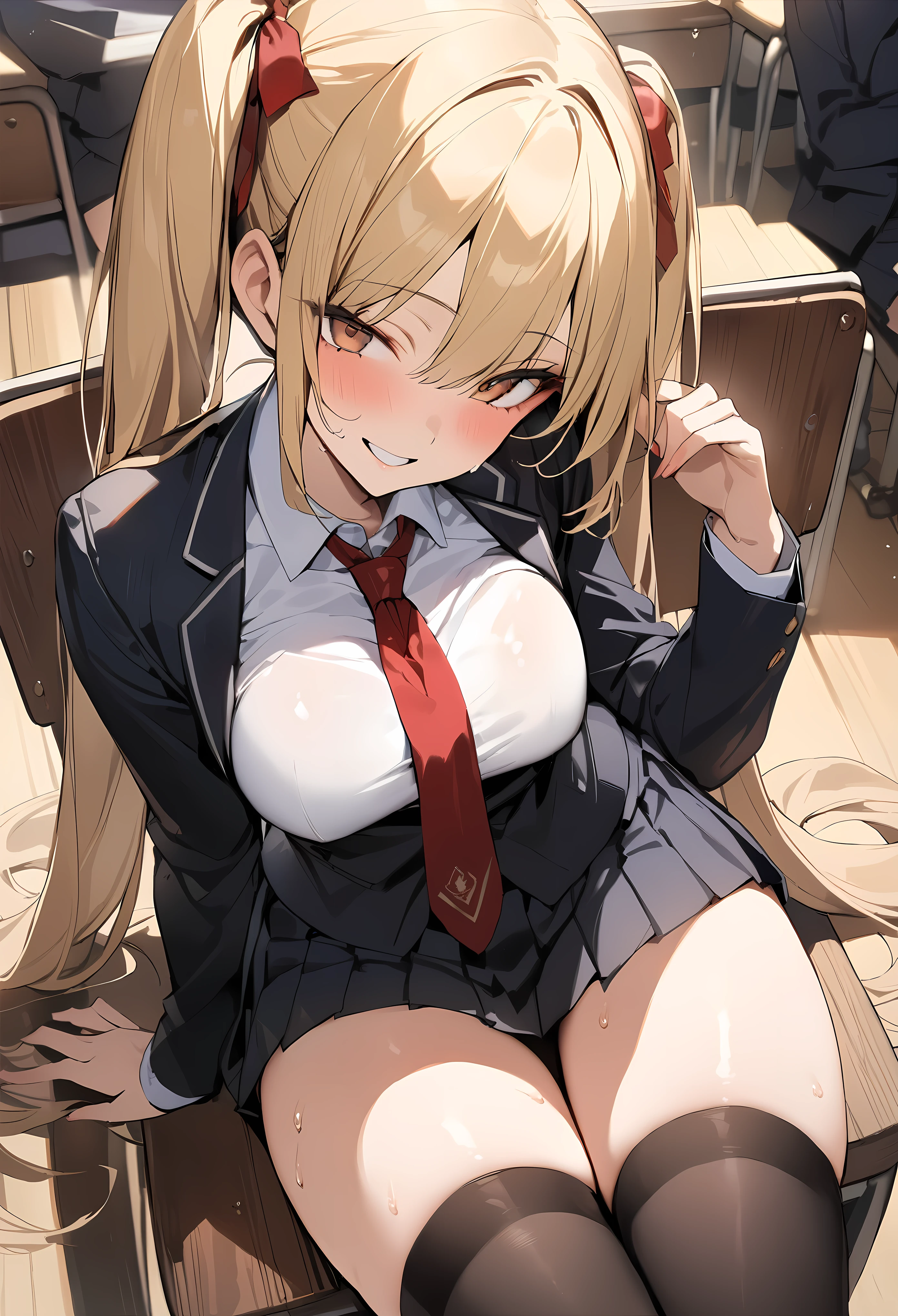 ((masterpiece,best quality anime,Highest quality:1.3)),cowboy shot,Mature Beauty,solo,1woman,((very small head:1.3)),((ideal ratio body proportions:1.2)),blonde hair,high twin tails,straight long hair,bangs,gorgeous eyes,brown eyes,smile,(Academy Uniform、Black blazer jacket、Red tie、Black pleated mini skirt),black_thighhighs,((slender body,skinny)),medium breasts,sweat,gleaming skin,shiny skin,sitting,Simple chair、Simple desk、classroom、Academy、Modern Tokyo、