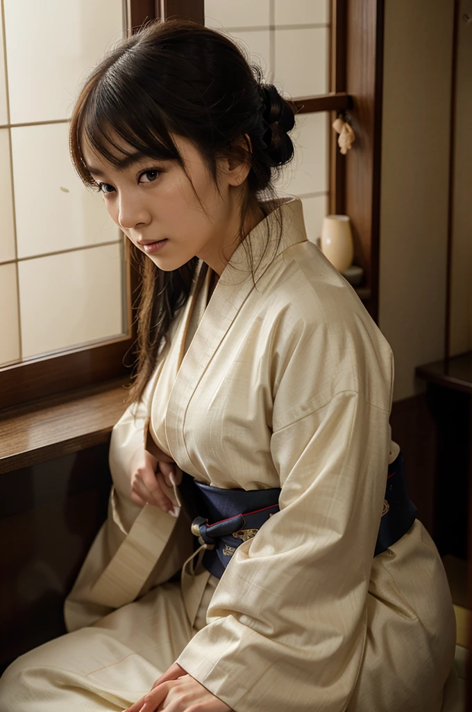 photorealistic, solo, beautiful Japan woman, traditional kimono, natural figure, soft smile, impressive gaze, traditional hairstyle, Japanese room at dusk, sitting by the window, illuminated by city lights, (attractive pose), professional photographer, shallow depth of field, backlit,
