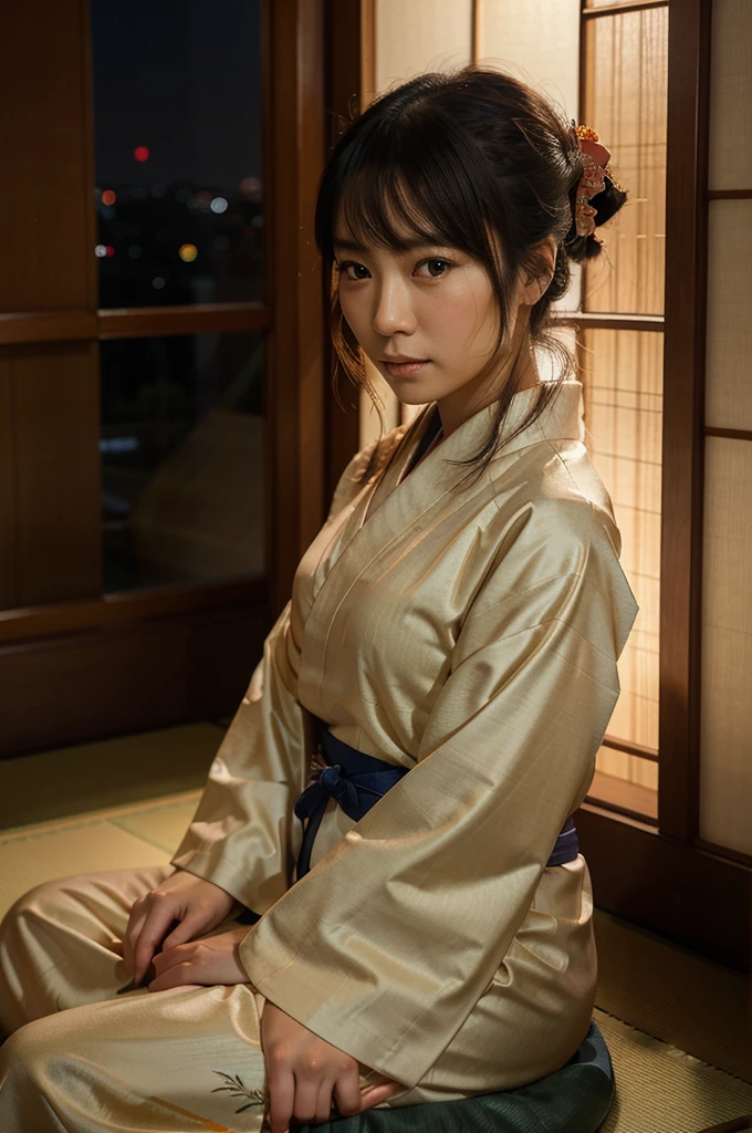 photorealistic, solo, beautiful Japan woman, traditional kimono, natural figure, soft smile, impressive gaze, traditional hairstyle, Japanese room at dusk, sitting by the window, illuminated by city lights, (attractive pose), professional photographer, shallow depth of field, backlit,