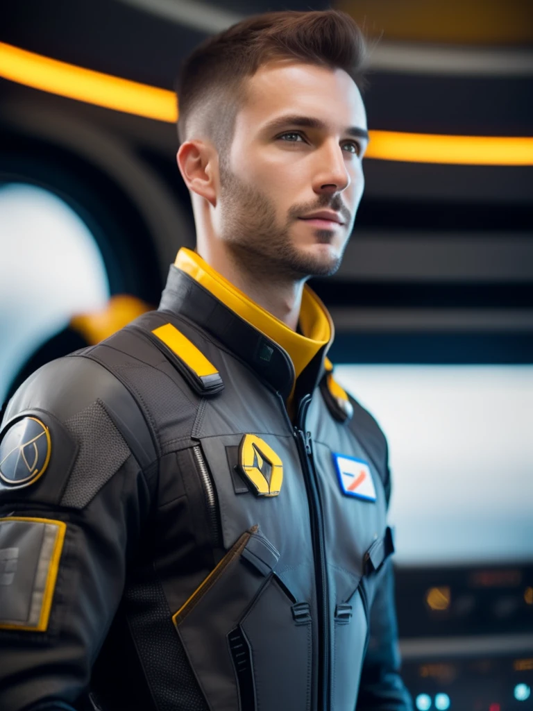 fking_scifi, award-winning photo of a man, black flight suit with yellow accents, brown hair, (gray eyes:1.35), square jawline, asymmetric face, standing in front of a window on a space ship, 80mm, bokeh, mass effect, close up, fking_cinema_v2