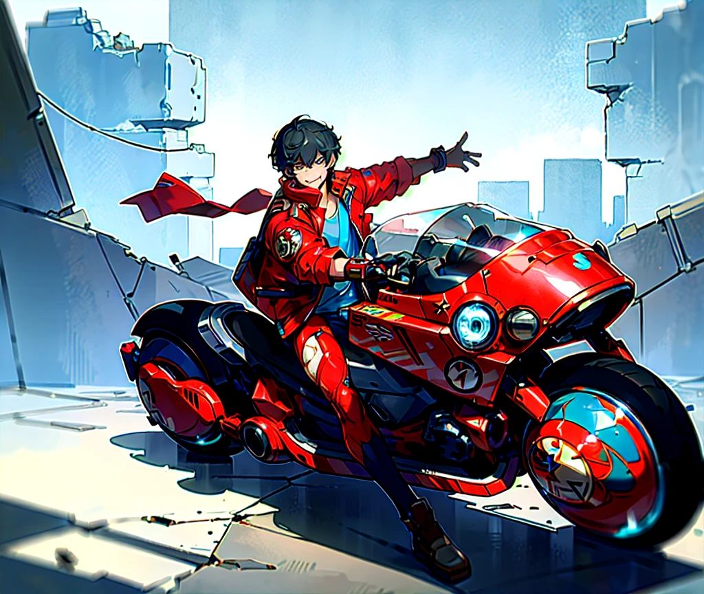 closed - up, upper body, masterpiece, best quality, a pretty young boy, young face, wearing red jacket and short pants, (riding a blue akirabike In the ruins of a cyberpunk city after a thermonuclear war, Broken neon signs hanging from buildings), (round scifi metal breastplate coldly), long legs, (big warm grin), Lots of exposed broken cables pureerosface_v1