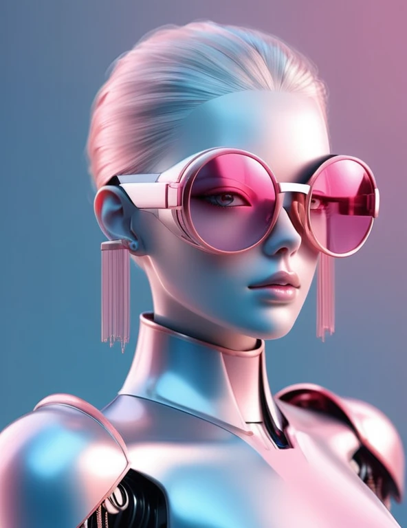 3D illustration of the upper body and face of an artificial intelligence model wearing futuristic glasses, Stylish glasses with tassels，Gradient Background, Pastel Color Palette, Pink-Blue, Simplicity, Cold metal texture, Surrealism,