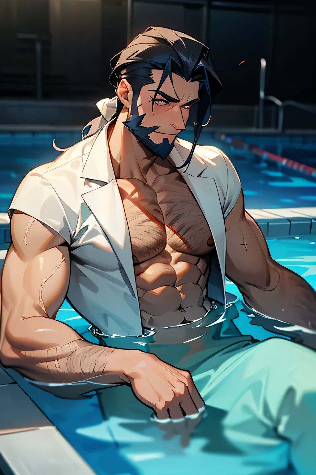 Mature trans man with surgery scar on his chest with wavy beard and slicked back hair, furry, shirtless in a pool