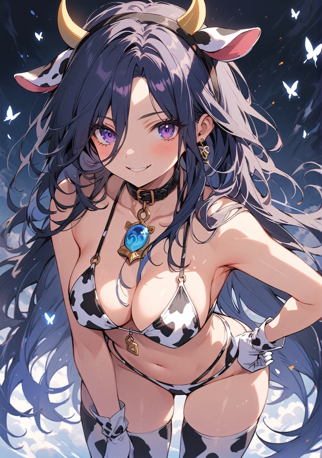 score_9, score_8_above, large breasts, 1 girl, Alone, solo, BREAK Clorinde, Genshin impact, \(CLOTHES\), alternate costume, cowgirl, bikini, long gloves, Stockings, cow print clothing, Fake cow horns and ears, collar, large breasts, armpits, gleaming, bewitching thighs, chest outline, shiny skin, \(BREAK\), arrogant look,showing a slight smile, standing, front shot, middle shot, hand on hip, \(BREAK\), depth of field, clear sky, butterflies around
