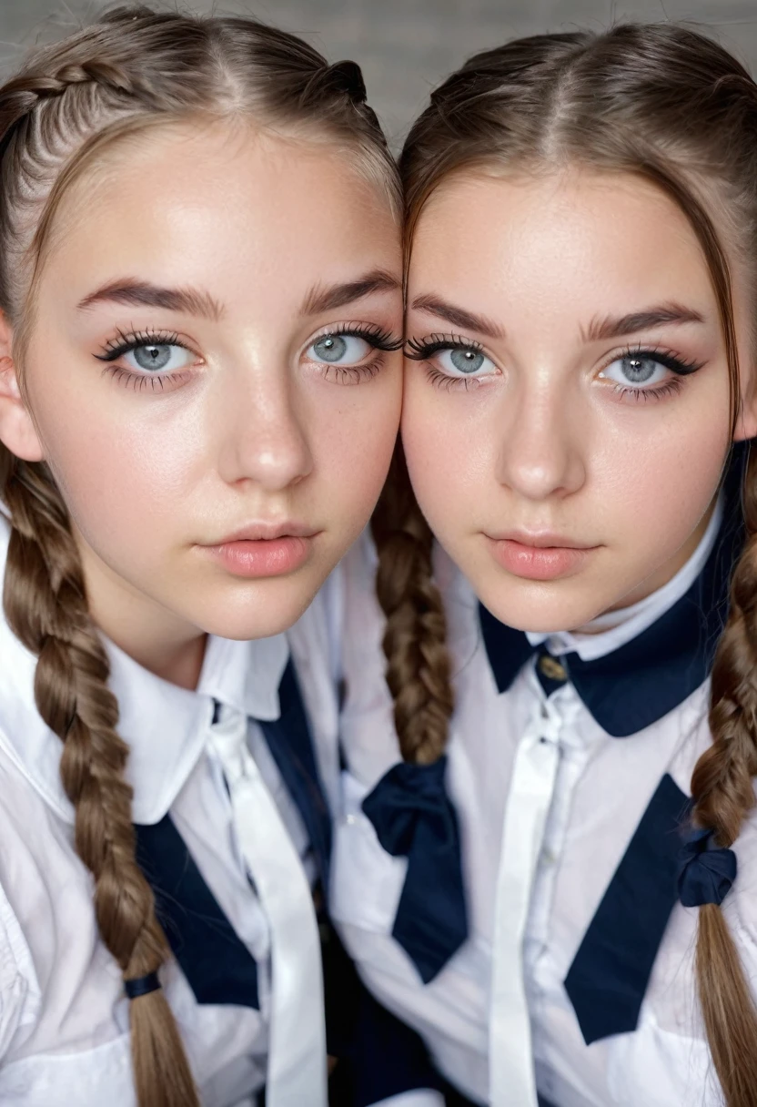 fine art foto sexy of a young15 yo girl hair in pigtails, Big looks into the camera, feeling broken and down, symmetrical face, symmetrical eyes chool girls 15yung15 yo girl hair in pigtails, Big looks into the camera, feeling broken and down, symmetrical face, symmetrical eyes looking at each other lustfully with uniforms, wearing white thigh highs socks, platform boots, european white girls, 18 years old,