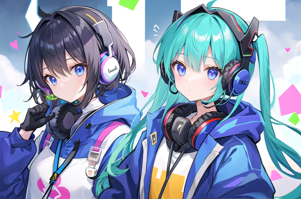 She is wearing headphones、I'm lying face down on the bed、I'm relaxing with my eyes closed、You can see the beautiful night sky from the window.、Colorful colors、Moon and shooting star、Age 25、Looking down、