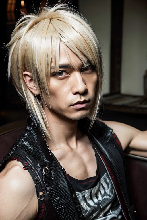 1 Japanese rocker, male, Asian eyes, Visual kei hairstyle, pretty face, 40 years old, hyperrealistic, realistic representation, ultra detailed face and eyes, muscular, broad shoulders, rocker clothing, 40 years, black and blonde hair, Visual  Kei style 