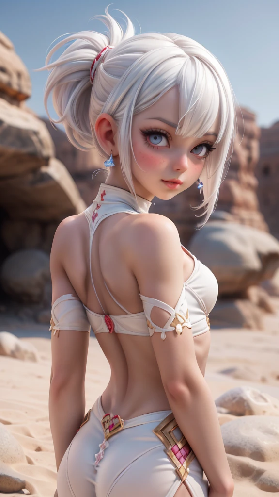 ariel, upper body portrait, white hair, beautiful, cute arabian clothes, warrior, midriff, fit, white hair, rear view looking back, desert background, realistic fantasy ,concept art, sexy, excited, gorgeous face,fully body, breasts small, smooth skin, Medium pink mouth, linda, naturals .Well-defined lips.