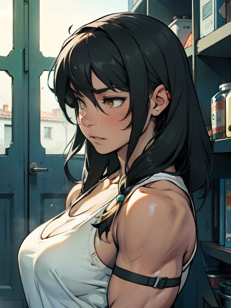 empty eyes embarrassed girl black hair yellow eyes pale skin muscular girl female woman lady feminine