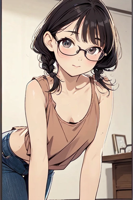 4K, masterpiece, 8k, high quality, 最high quality, in house, alone, 1 girl, In the room, Room Background, (Line art:0.6) , clean Line art, watercolor, Reading Glasses, Detailed glasses, Short black hair braided, Blunt bangs，Very short，Skin-tight shorts , Short denim shorts, Camel Toe，iris, Amber Eyes, barefoot，Small Ass，Thin thighs，Small picture frame，Flat Chest, Embarrassing, Tsundere，(very sensitive: 1.0), belly button, belly button, Detailed fingers，(Detailed skin：1.3), Glossy pink lips, Cartoon style character design,1 girl, alone，Big eyes，Cute expression, Looking up at the viewer, (Leaning forward:1.5), (Down blouse:1.5), (Very loose tank top shirt:1.5) 