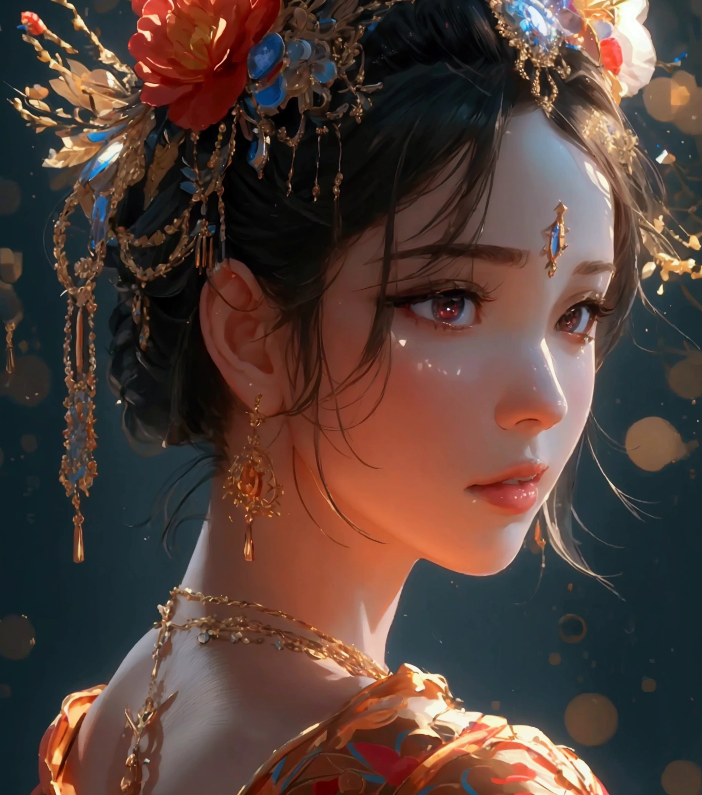 best quality, masterpiece, highres, 1girl,china dress,hair ornament,necklace, jewelry,Beautiful face,upon_body, tyndall effect,photorealistic, dark studio, rim lighting, two tone lighting,(high detailed skin:1.2), 8k uhd, dslr, soft lighting, high quality, volumetric lighting, candid, Photograph, high resolution, 4k, 8k, Bokeh,