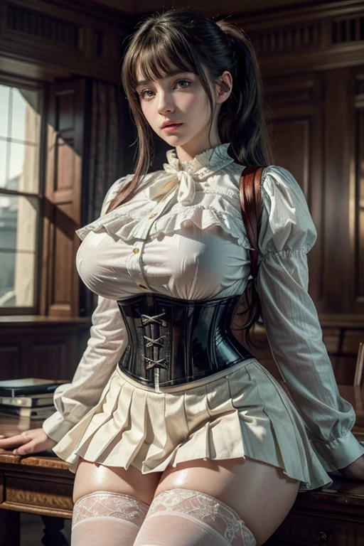 8K,((masterpiece)), ((best quality)), (ultra-detailed), High detail, professional photograph, highest quality, floating hair, beautiful detailed, (((realistic))), hyper realistic character,natural lighting ,beautiful detailed eyes,1girl, solo,blunt bangs, realistic,a girl with a large bust, her blouse is about to burst from her large , ponytail, bangs, thick thighs, beautiful detailed eyes, beautiful detailed lips, extremely detailed eyes and face, long eyelashes, , corset blouse, white blouse, pleated skirt, thigh-high socks, suspenders, photo-realistic, 8k, vivid colors, masterpiece, anime, cinematic lighting, soft focus