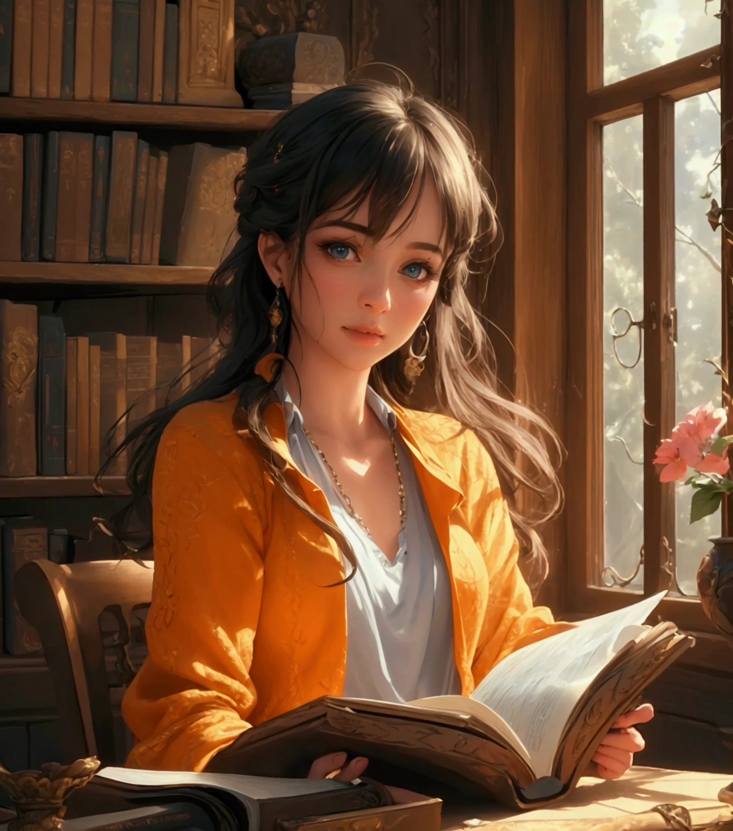 a beautiful girl reading a textbook, beautiful detailed eyes, beautiful detailed lips, extremely detailed eyes and face, long eyelashes, elegant expression, sitting in a cozy home library, sunlight filtering through windows, intricate book spines, wooden shelves, ornate chandelier, warm color palette, oil painting, cinematic lighting, photorealistic, (best quality,4k,8k,highres,masterpiece:1.2),ultra-detailed,(realistic,photorealistic,photo-realistic:1.37),professional, vivid colors