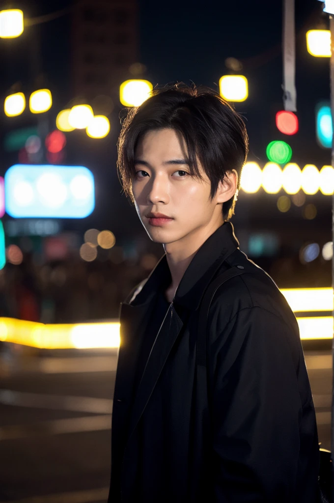 (Cinematic Aesthetic:1.4) Photo of a beautiful korean male actor bokeh city night