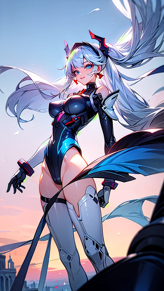 Airi_AoV_HS, 1girl, (28s:1.4), solo, white hair, bangs, long hair, very long hair, twin tail, headband, black headband, cyber headband, horns, eyelashes, long eyelashes, eyeliner, sharp eyelids, blue eyes, makeup, lips, earrings, red earrings, head, face, smile, close mouth, breasts, (large breasts:1.2), bodysuit, white/black bodysuit, leotard, cybernetic leotard, bare shoulders, shoulder armor, white/black shoulder armor, transparent shoulder armor, arm armor, gloves, gray gloves, thighs, white thighs, stockings, cyber tights, standing, white blackground, outdoors, sky, cloud, water, tree, bird, cloudy sky, building, scenery, light particles, reflection, fantasy, castle, tower, (mature female:1.4), hand on chest1:2