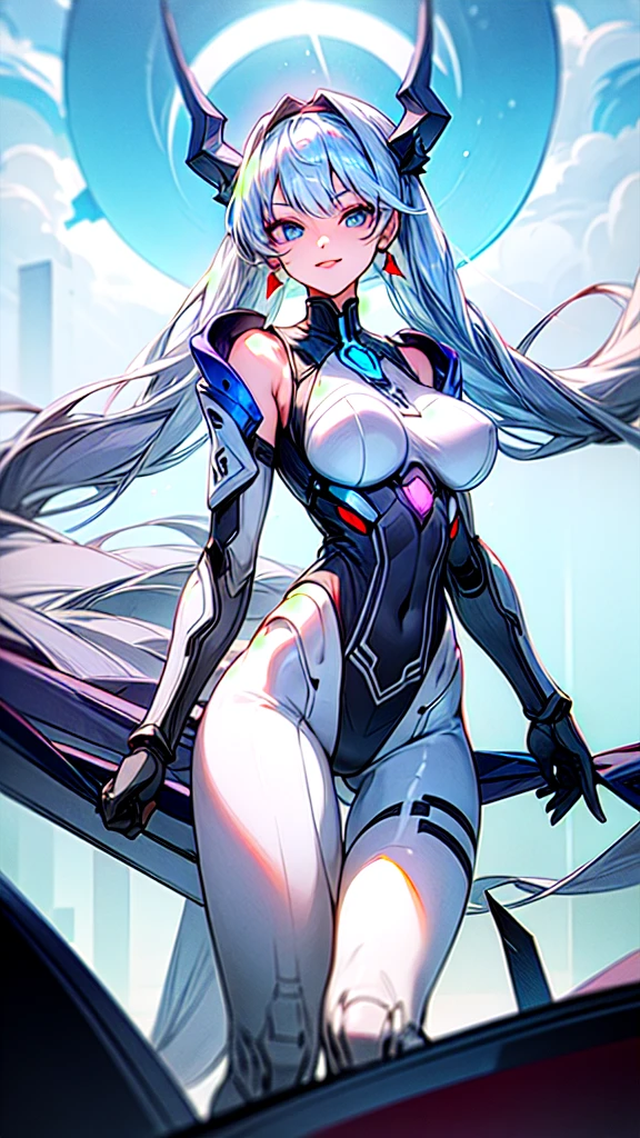 Airi_AoV_HS, 1girl, (28s:1.4), solo, white hair, bangs, long hair, very long hair, twin tail, headband, black headband, cyber headband, horns, eyelashes, long eyelashes, eyeliner, sharp eyelids, blue eyes, makeup, lips, earrings, red earrings, head, face, smile, close mouth, breasts, (large breasts:1.2), bodysuit, white/black bodysuit, leotard, cybernetic leotard, bare shoulders, shoulder armor, white/black shoulder armor, transparent shoulder armor, arm armor, gloves, gray gloves, thighs, white thighs, stockings, cyber tights, standing, white blackground, outdoors, sky, cloud, water, tree, bird, cloudy sky, building, scenery, light particles, reflection, fantasy, castle, tower, (mature female:1.4), hand on chest1:2