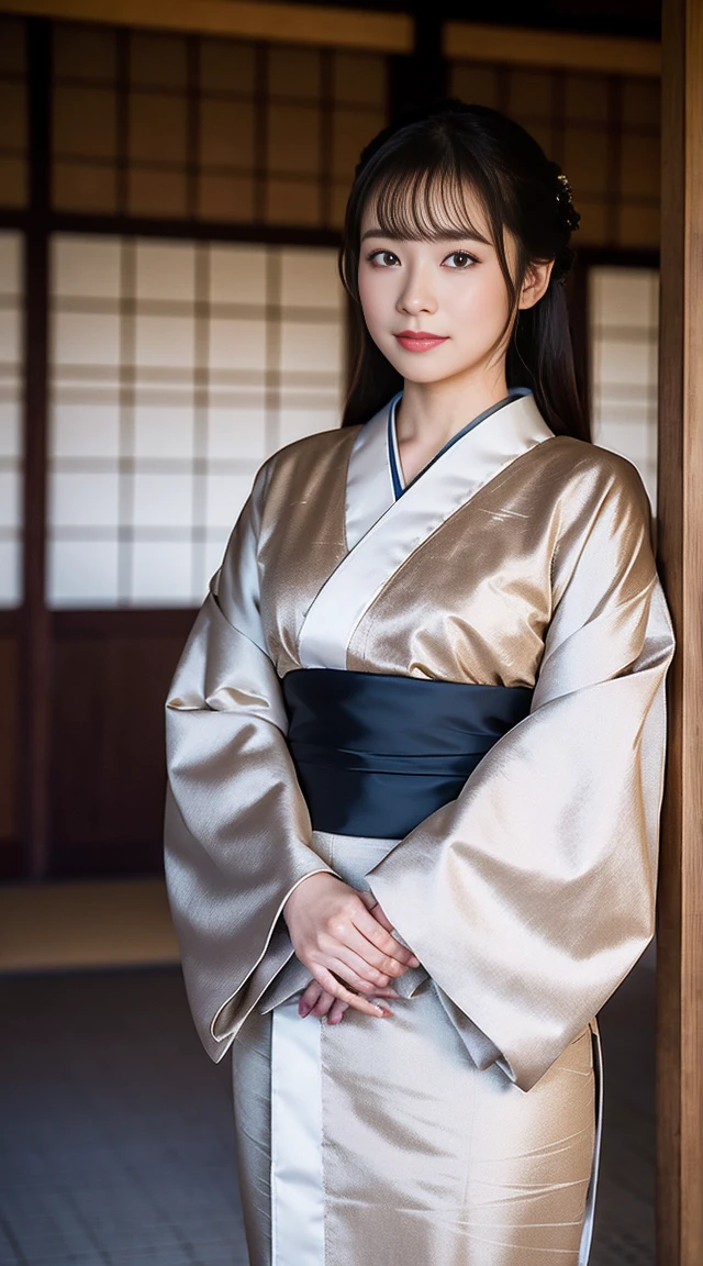 A woman wearing Japanese formal attire Dark brown hair、Light brown eyes Ultra high resolution Long hair Kimono Ultra high resolution Best quality Full body Shochikubai kimono The background is blurred