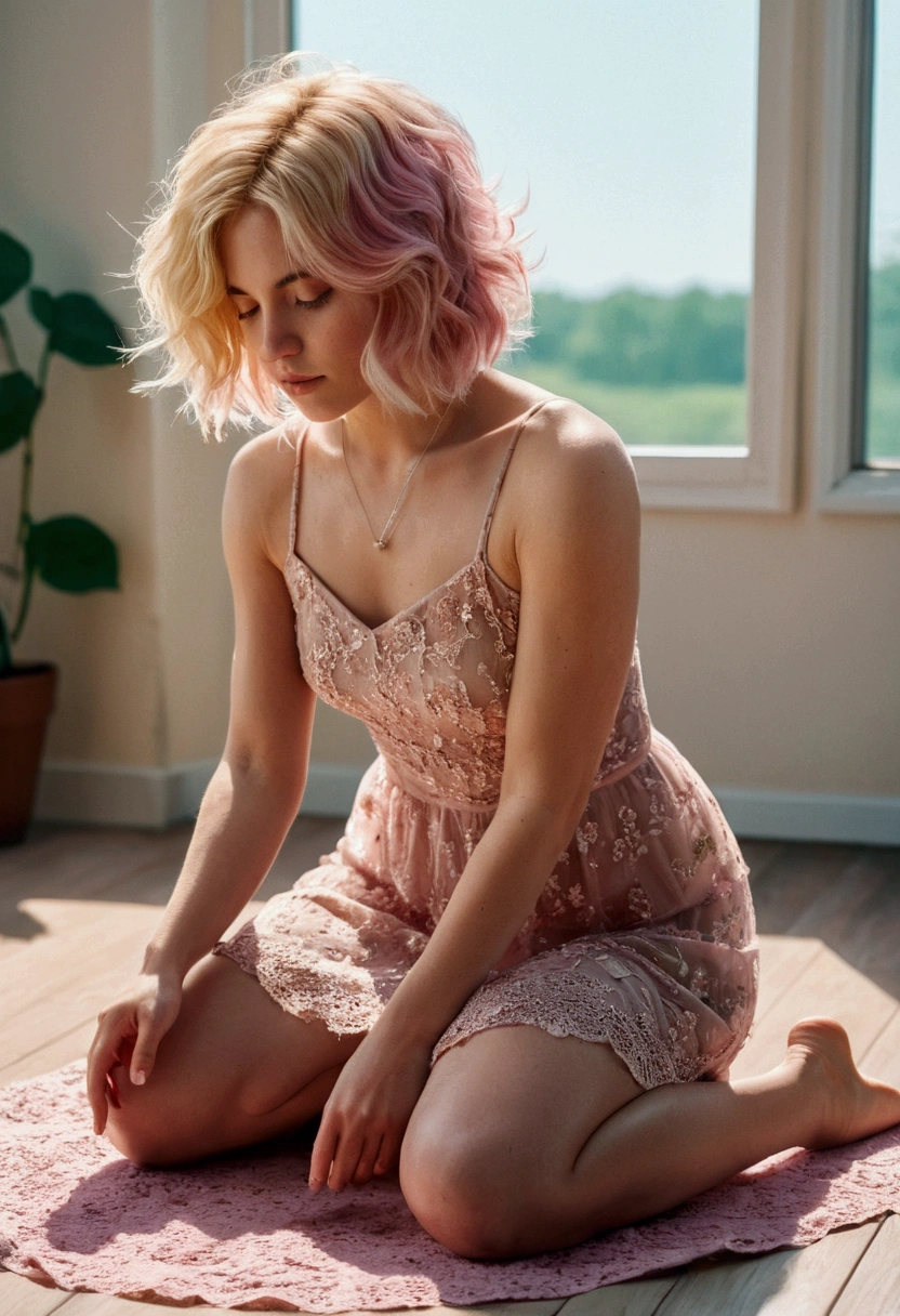 8k, RAW photo, Fujifilm, style photo of a beautiful young woman as rose in kneeling pose (highly detailed skin: 1.2) Style-Petal BREAK short hair, blonde hair with colored locks, wearing a sheer sundress, film granulation, 35mm, cute style