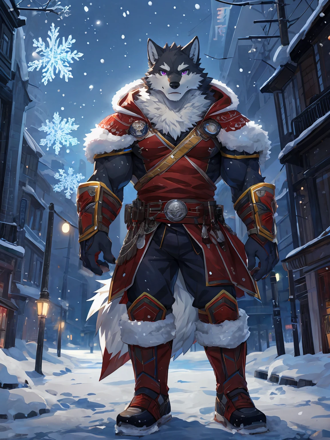 embedding:Single person, (black Wolf), Purple Eyes, (muscle发达的身体:0.60), Perfect eyes, Handsome,(whole body)(warrior)(warrior服),(Express), Snowy night background,(close up),(Gentle and serious eyes:1.3),Front view camera,(Wolf ears),(Wolf Tail),Perfect masterpiece,(16K),Solitary(individual),((Strong)),(snowy night scene),(snowflake),Perfect proportion,Fear,(Standing on the street:1.4),(Open your mouth slightly,Exhale,Looked around:1.1),(medium distance:1.1)Strong,muscle,action,apparel,腰间别着warrior刀,(night:1.1),dark,No light,more details,CG,Adult,The highest quality of scene detail,Best quality hands, best quality eye,detailed fur,Delicate eyes.Extreme picture quality,by sollyz,by zixiong,by milkytiger1145