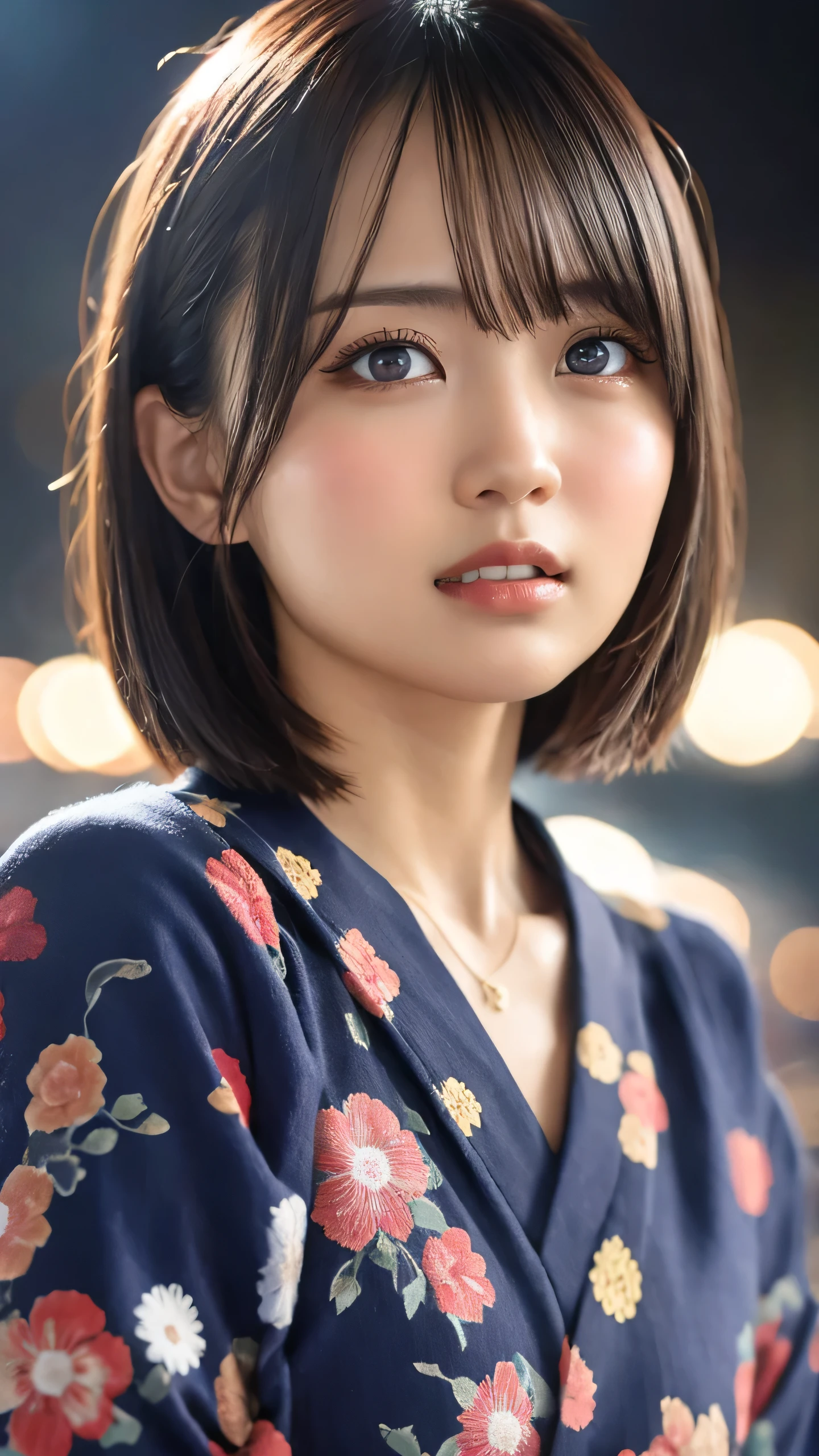 Highest quality, Finer details, (Beautiful single women))), Highly detailed eyes and face, firework, yukata, looking up at firework, Blonde Short Hair, Large tear bags, double eyelid,Big E cup