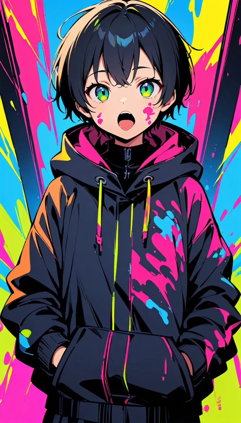(high quality, 8k, 4K, High Contrast, masterpiece:1.2, 最high quality, Best aesthetics), (Dynamic Angle), ((Standing anime girl)), (Lolita,boyish, 13 years old:1.3),Expressionless, , The charm of androgyny, (Very short hair), ((Black Hair)), Messy Hair, Green Eyes, cyber punk, Flat Color, Colorful art,Hooded jacket, Put your hands in your pockets,(Open your mouth:1.4),Sticking out tongue, Looking at the audience, from the front, Upper Body, Colored Background, High Contrast, Contrasting colors, Cowboy Shot,Paint on the face