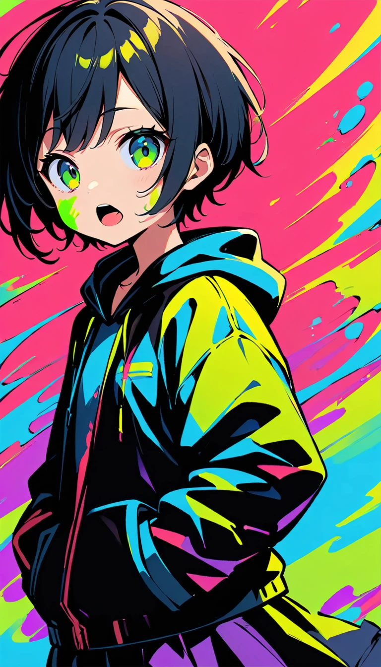 (high quality, 8k, 4K, High Contrast, masterpiece:1.2, 最high quality, Best aesthetics), (Dynamic Angle), ((Standing anime girl)), (Lolita,boyish, 13 years old:1.3),Expressionless, , The charm of androgyny, (Very short hair), ((Black Hair)), Messy Hair, Green Eyes, cyber punk, Flat Color, Colorful art,Hooded jacket, Put your hands in your pockets,(Open your mouth:1.4),Sticking out tongue, Looking at the audience, from the front, Upper Body, Colored Background, High Contrast, Contrasting colors, Cowboy Shot,Paint on the face