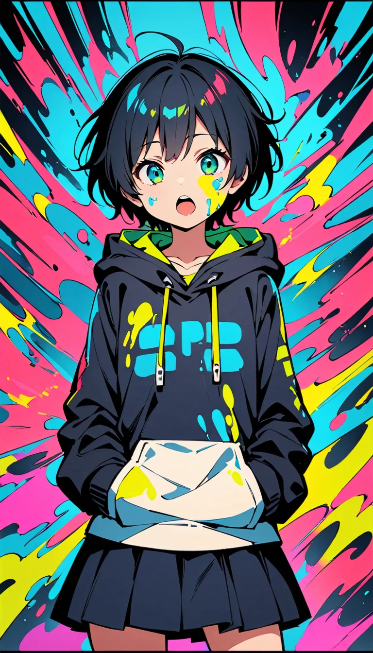 (high quality, 8k, 4K, High Contrast, masterpiece:1.2, 最high quality, Best aesthetics), (Dynamic Angle), ((Standing anime girl)), (Lolita,boyish, 13 years old:1.3),Expressionless, , The charm of androgyny, (Very short hair), ((Black Hair)), Messy Hair, Green Eyes, cyber punk, Flat Color, Colorful art,Hooded jacket, Put your hands in your pockets,(Open your mouth:1.4),Sticking out tongue, Looking at the audience, from the front, Upper Body, Colored Background, High Contrast, Contrasting colors, Cowboy Shot,Paint on the face