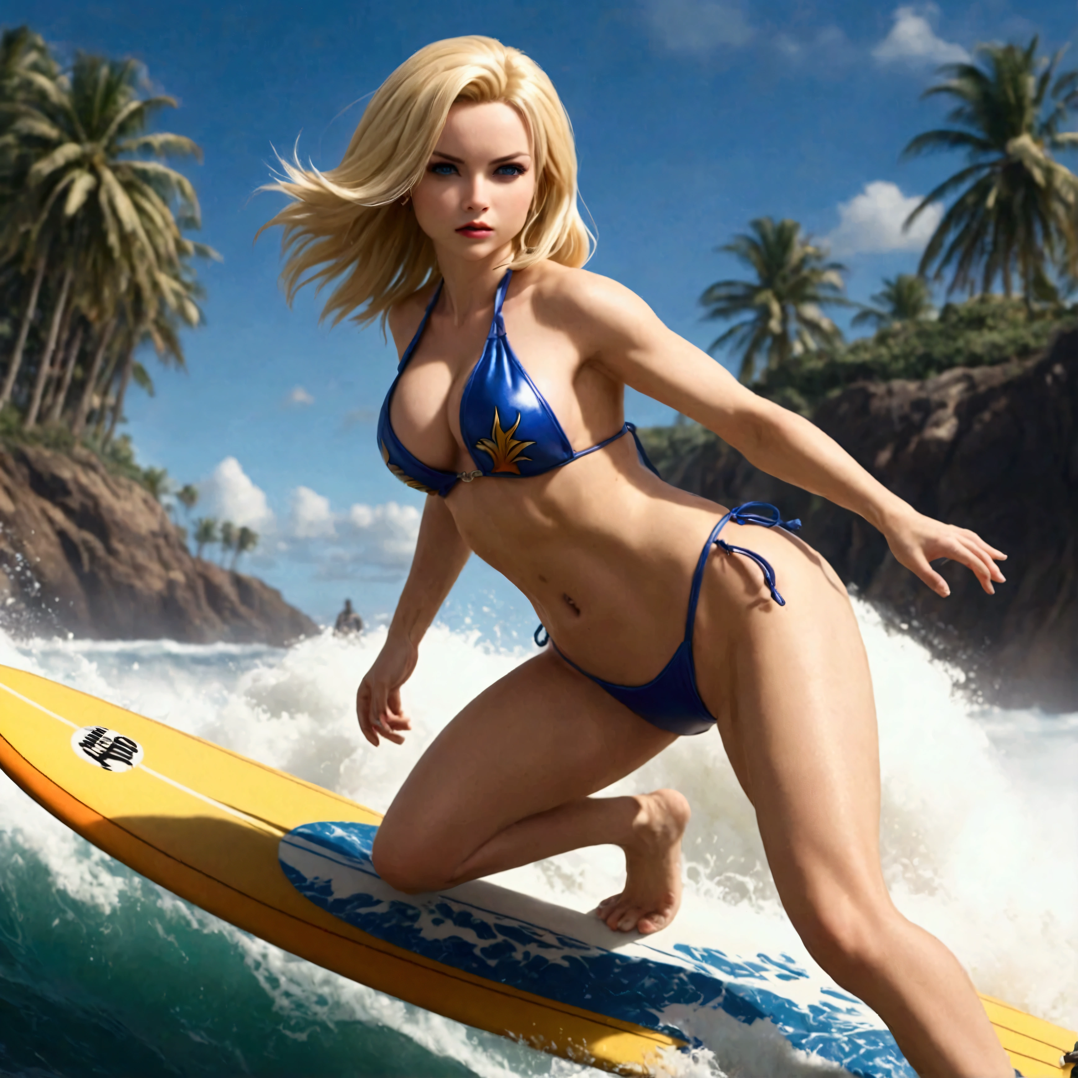 (riding a surfboard)a woman(DBZ Android 18) with blonde hair wearing a sexy bikini, intense gaze, channeling power, riding a surfboard surfing a big wave, highly detailed, hyper realistic, 8k, photorealistic, masterpiece, dramatic lighting, vibrant colors, dynamic composition, intricate details, cinematic, epic scale, powerful energy, dragon ball z inspired (show her entire body, show all of her)
