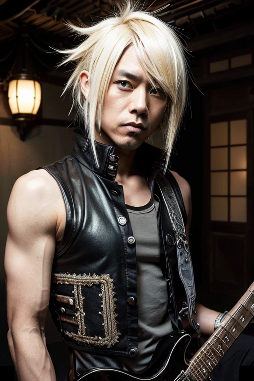 1 Japanese rocker, male, Asian eyes, Visual kei hairstyle, pretty face, 40 years old, hyperrealistic, realistic representation, ultra detailed face and eyes, muscular, broad shoulders, rocker clothing, 40 years, Black and blonde hair, Visual  Kei style 