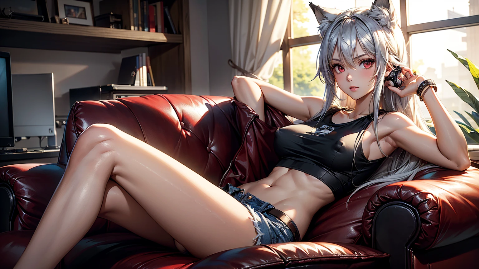 Create a top-quality image of a beautiful 20-year-old wolf girl. She has long silverish hair and red eyes, wearing a see-through tank top that barely covers her nipples, or alternatively, a crop top so short that the bottom of her breasts are exposed. She is also wearing short shorts or sleep shorts, highlighting her slender figure. The girl is sitting in a gaming chair in a dimly lit room with the window open, allowing a gentle breeze to flow in. She poses in a seductive manner, facing the camera. Her room is filled with nerdy items that show her love for video games and anime, including gaming equipment like a gaming PC, gaming desk, gaming chair, and gaming console, as well as anime posters and figurines. The image should exhibit high-quality visual artistry, with intricate details, capturing a cozy and alluring atmosphere.